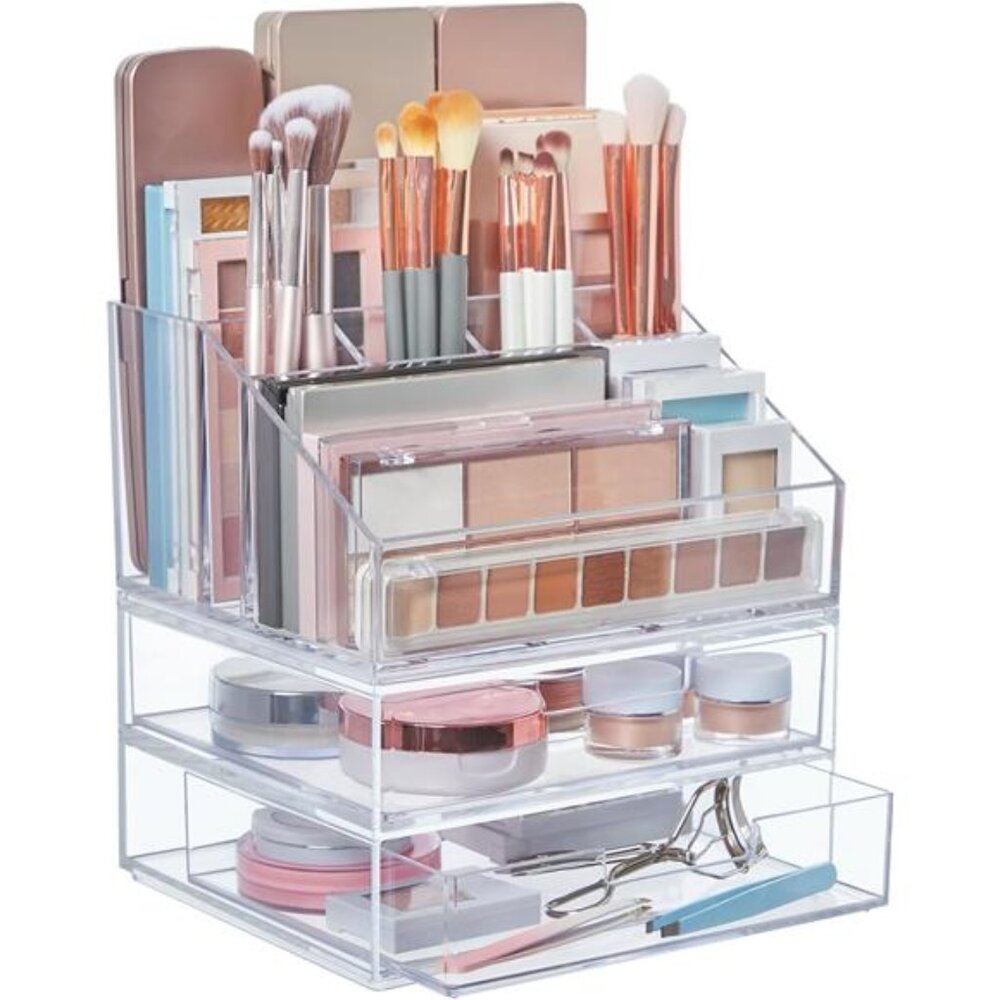 Stackable Makeup Holder & Drawer Organizer Set, Clear, BPA-Free Plastic